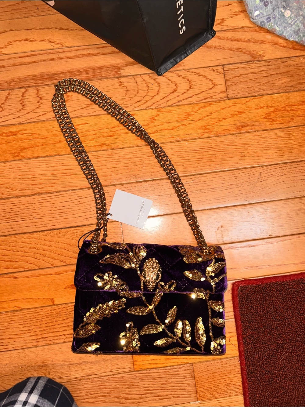 NWT Kurt Geiger Velvet Shoulder Bag with Gold Sequin Floral Embroidery - Purple